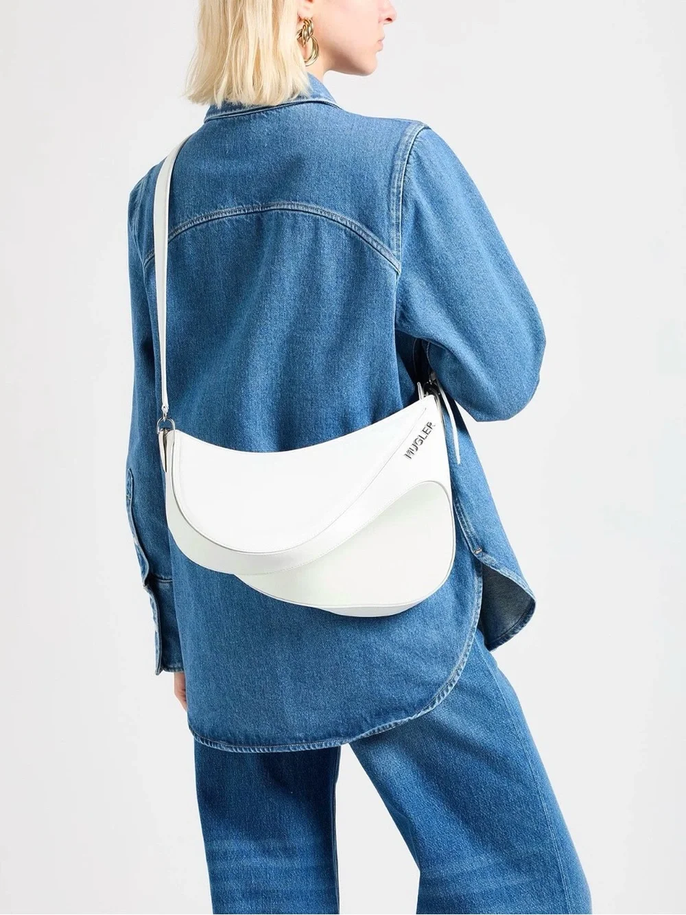 Mugler White Crescent Shoulder Bag with Textured Logo
